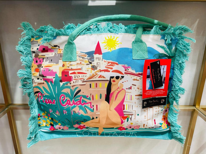 Borsa mare stampata con frange e ricamo Pierre Cardin